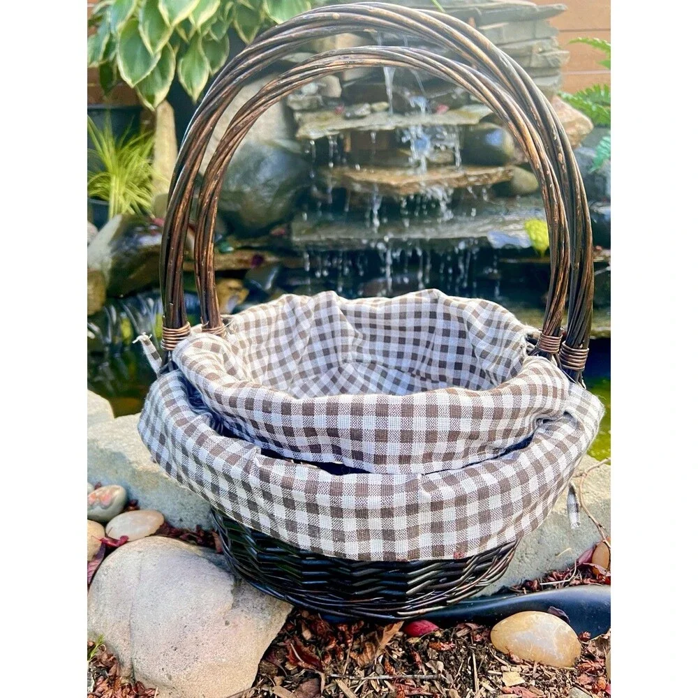 New Nested Wicker Basket Set Brown Gingham Liners Farmhouse  Storage Decor